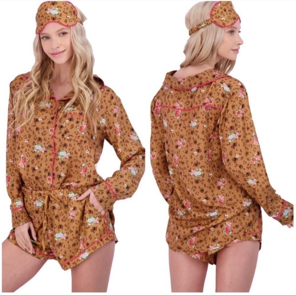 Plush‎ Apparel 3 piece Satin Pajama & Eye Mask Set Florals and Animal Print NWT - Picture 2 of 15